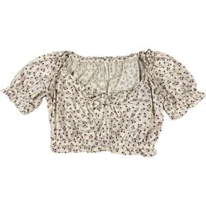 by Anthropologie Cream Cropped Top Micro floral Print Women's S Cottage Milkmaid